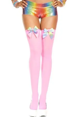 4645 Rainbow satin bow opaque thigh hi