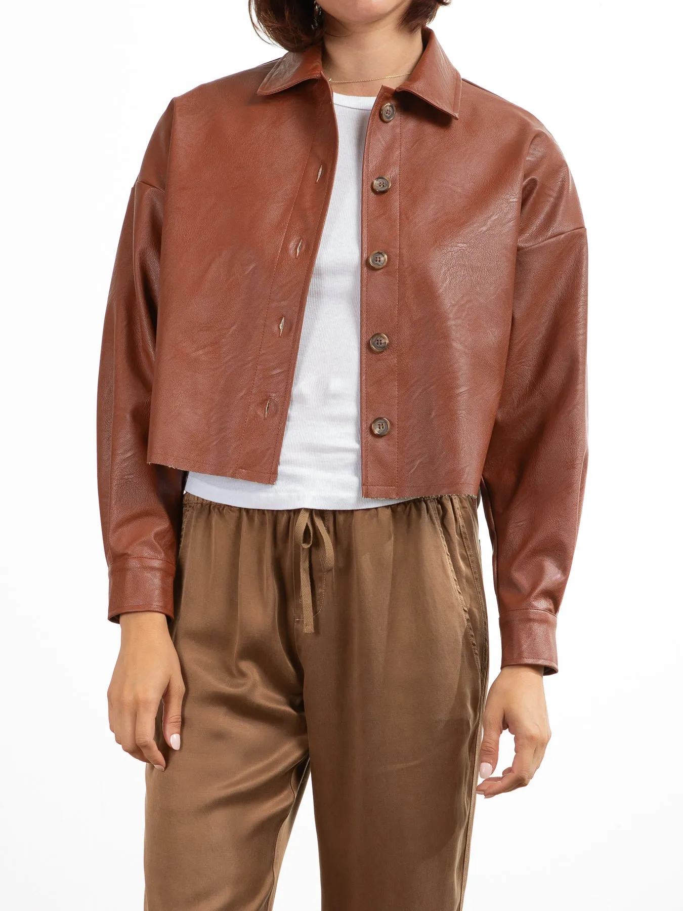 Esme Crop Shirt in Vegan Leather - Caramel
