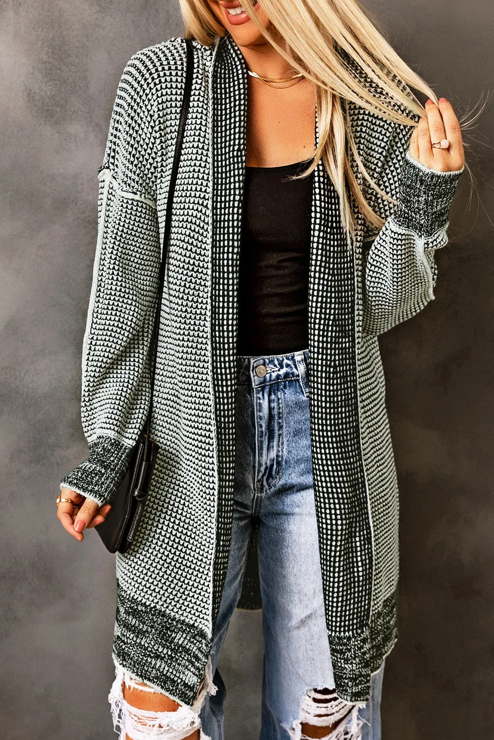 Plaid Knitted Long Open Front Gray Cardigan