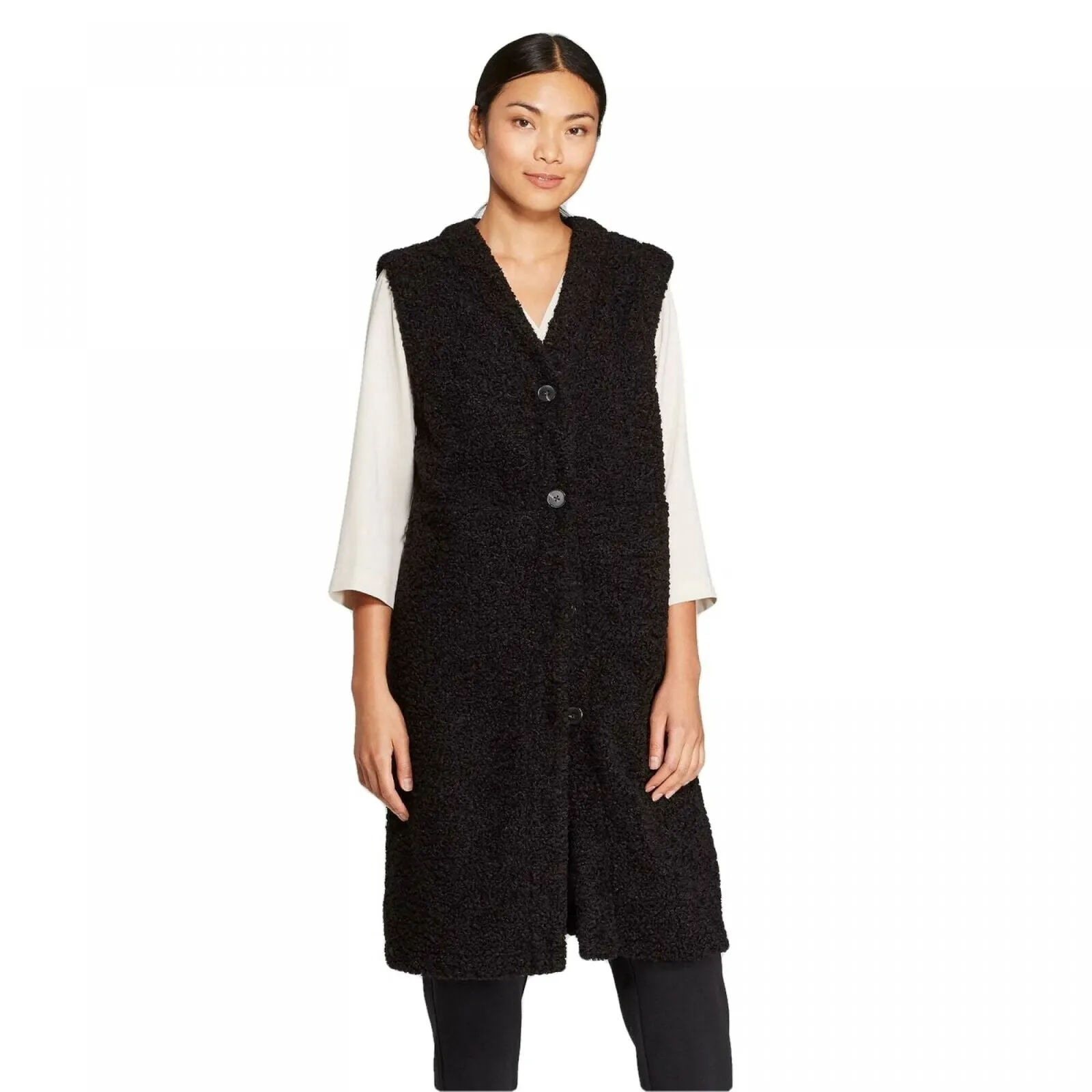 Prologue Women's Sleeveless Deep V-Neck Front Button Longline Sherpa Vest