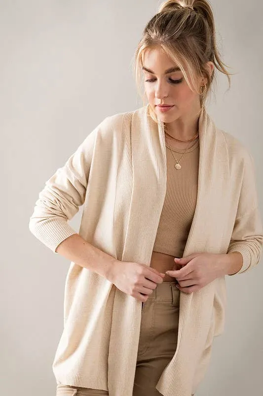 Rib Knit Draped Collar Open Front Cardigan