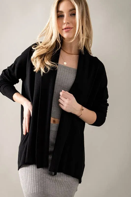 Rib Knit Draped Collar Open Front Cardigan